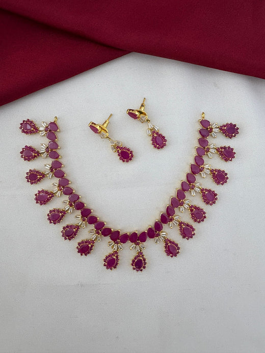 Main image of FeelOri South Indian Ruby-Tone CZ Short Necklace Set, including earrings. Features vibrant ruby stones, designed for Pattu Sarees.