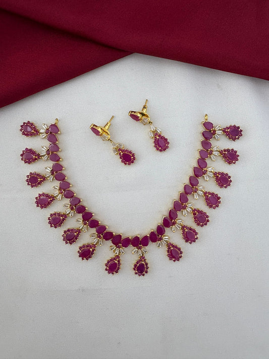 Main image of FeelOri South Indian Original Ruby Short Necklace Set, including earrings. Features vibrant ruby stones, designed for Pattu Sarees.