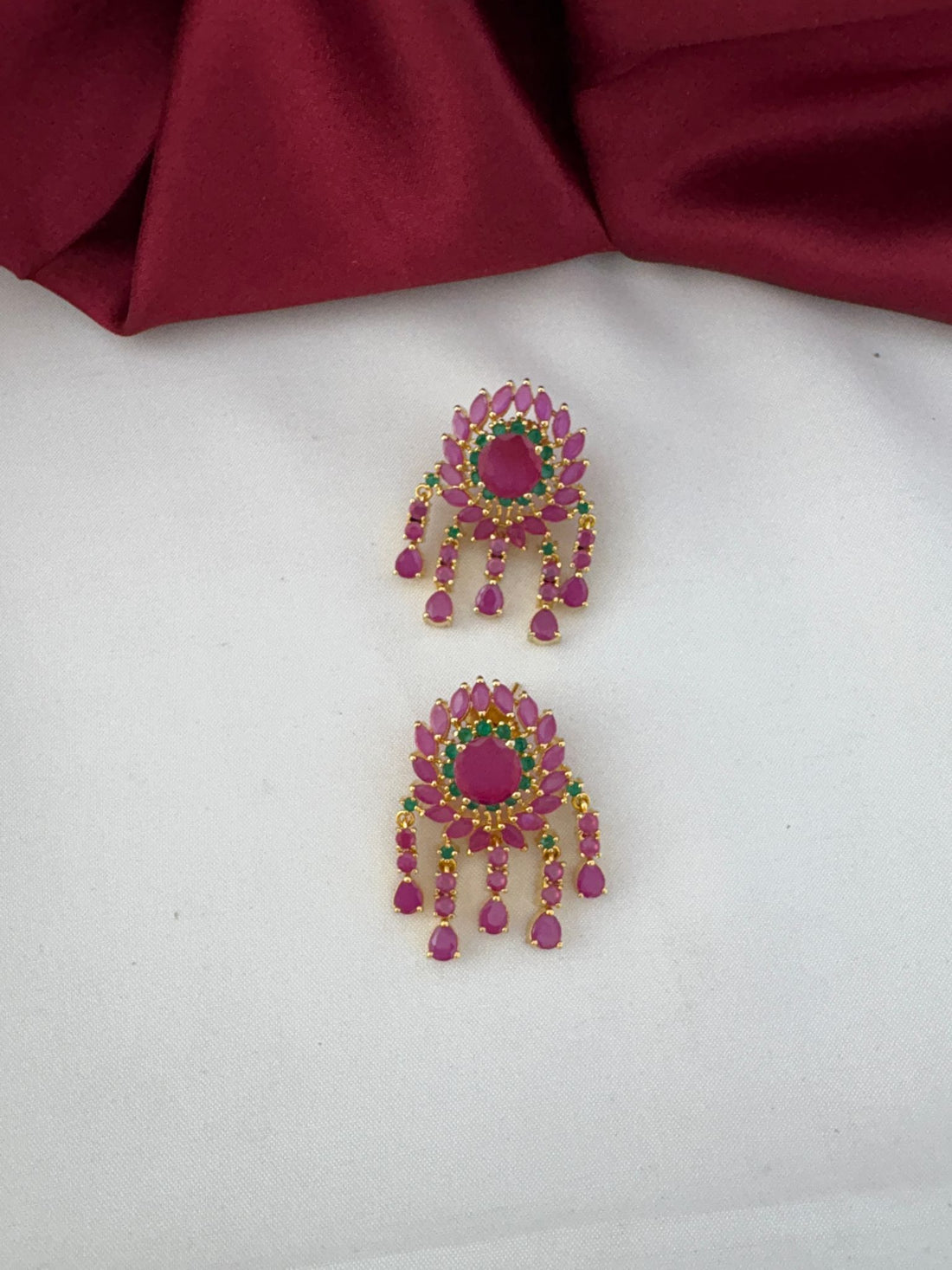 FeelOri Sparkling Petals Ruby & Emerald Earrings - Detailed close-up view of the delicate earring design - Delicate Charm Collection