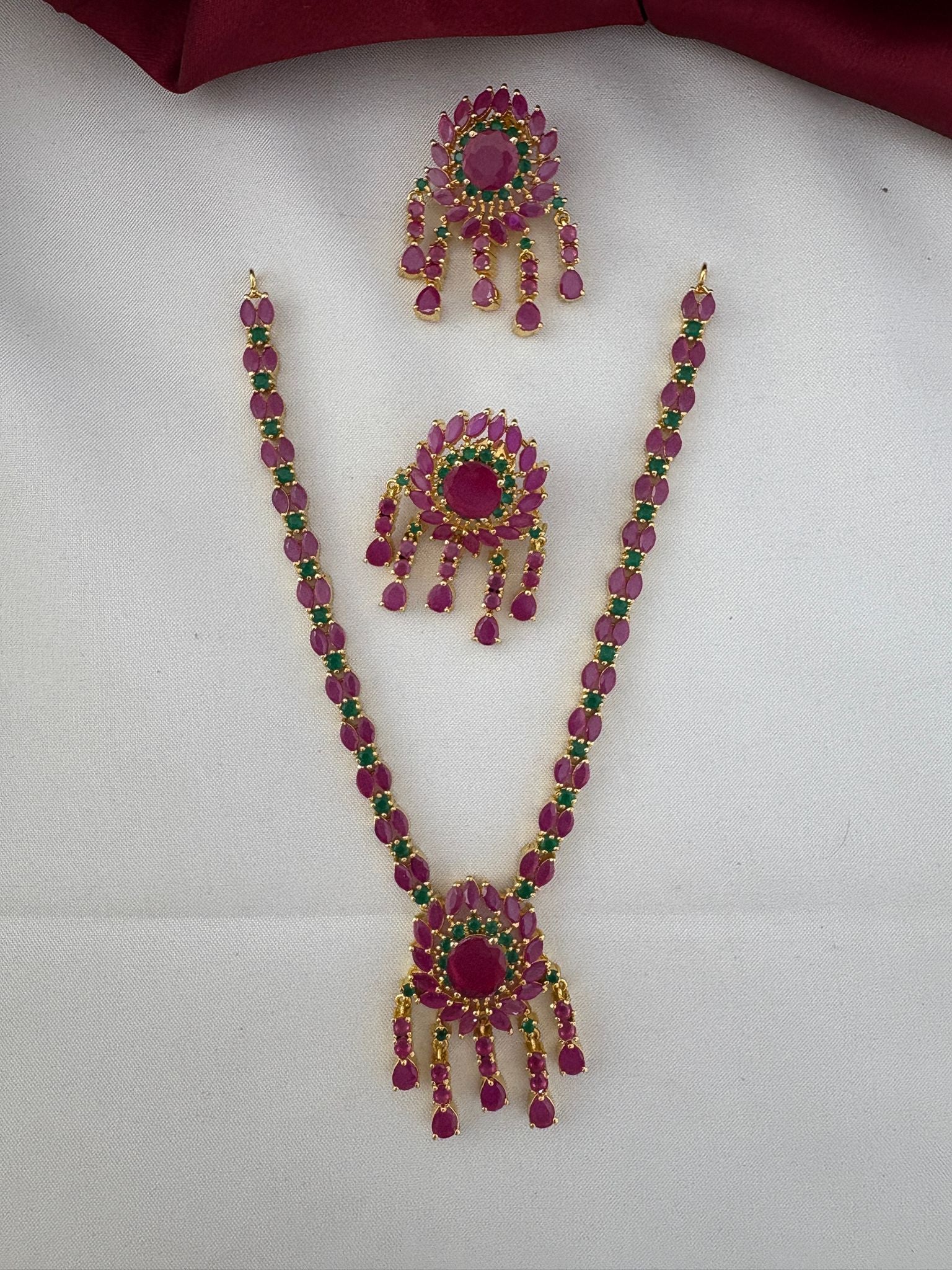 FeelOri Sparkling Petals Ruby & Emerald Short Necklace Set with matching earrings - Main product view - Delicate Charm Collection