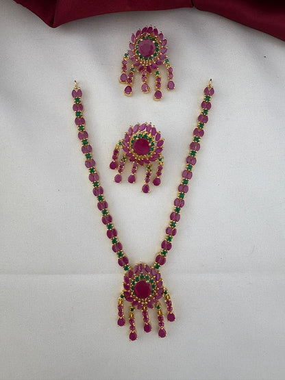 FeelOri Sparkling Petals Ruby & Emerald Short Necklace Set with matching earrings - Main product view - Delicate Charm Collection