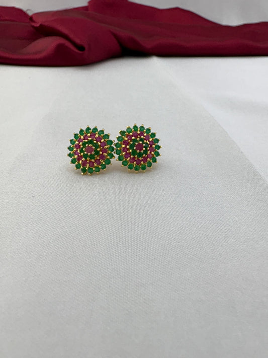 FeelOri Spring Bloom green and pink AD stud earrings pair showcasing emerald and pink stones in floral cluster