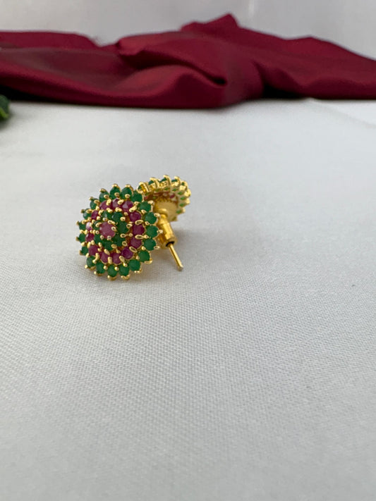 FeelOri Spring Bloom green and pink AD stud earrings angled view displaying gold post mechanism and back fitting