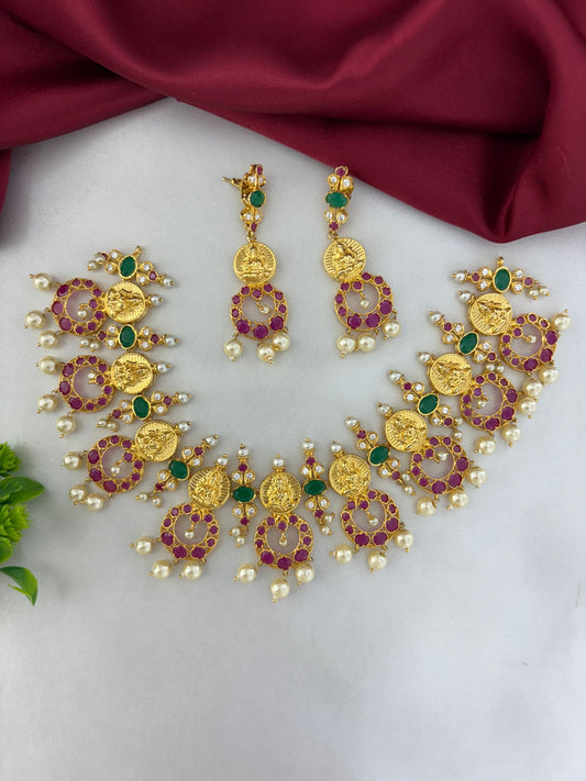 Complete FeelOri Sunset Hues Multi-Color AD Short Pendant Set. Necklace and earrings with red, green, and white AD stones and pearls by feelori.