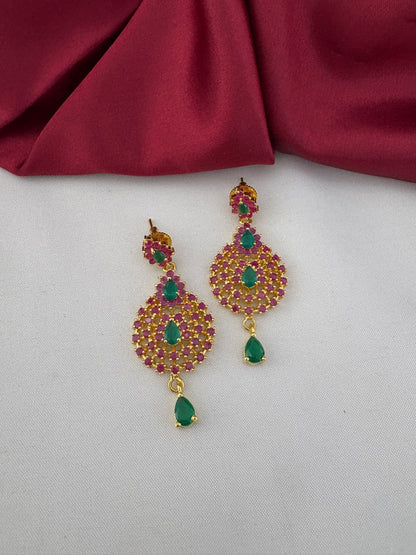 FeelOri Tamil Heritage Twin Stone Ruby & Emerald Earrings - Close-up view of the matching earrings.