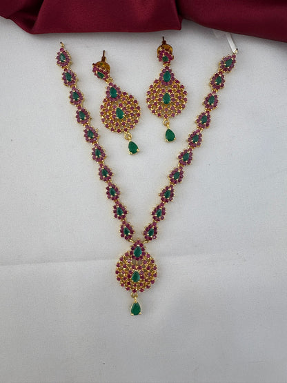 FeelOri Tamil Heritage Twin Stone Ruby & Emerald Short Set - Alternate full view of necklace and earrings.