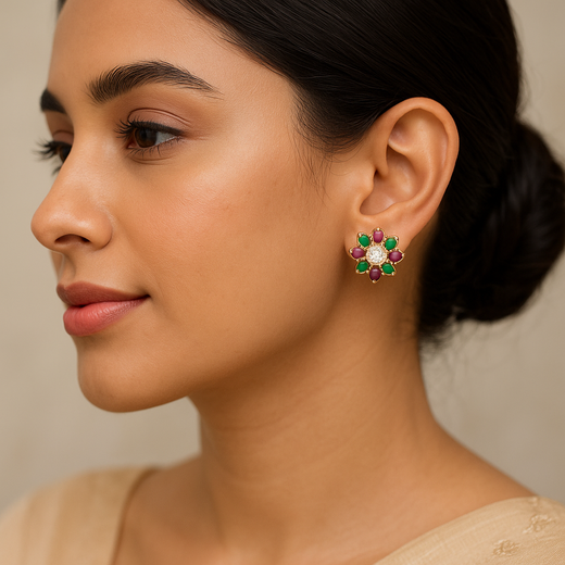 Model wearing FeelOri Tropical Punch Multi-Color AD Stud Earrings (Bright & Bold) for festive ethnic styling