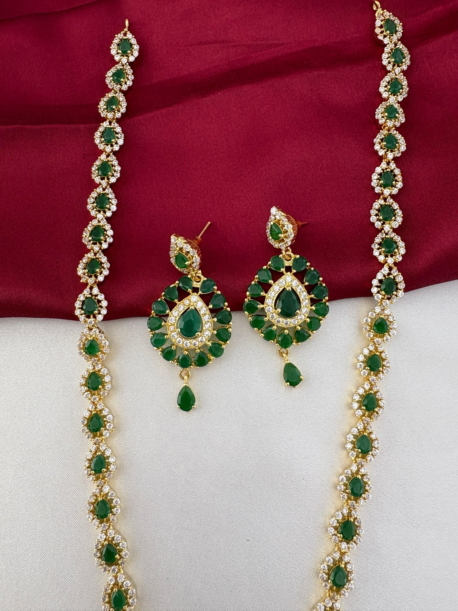 FeelOri Verdant Glade Emerald & AD Marquise Earrings and Necklace - Detailed close-up of stones and design.