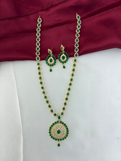 FeelOri Verdant Glade Emerald & AD Marquise Long Necklace and Earring Set - Complete set flatlay view.
