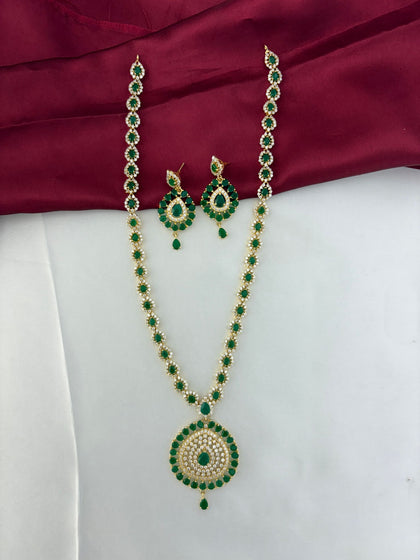 FeelOri Verdant Glade Emerald & AD Marquise Long Necklace and Earring Set - Complete set flatlay view.