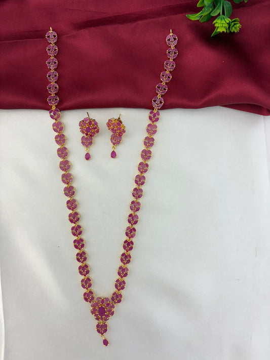 FeelOri Vintage Vine Ruby Long Necklace & Earring Set - Full view of the ruby necklace and matching earrings.