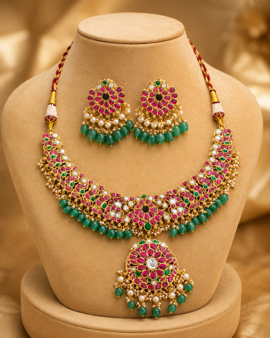 FeelOri floral panel bridal-style jadau kundan necklace set with matching earrings for pattu saree styling