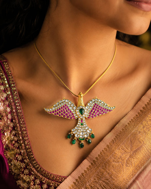FeelOri jadau kundan Soaring Garuda Pathakam Pendant - wearing-scale view