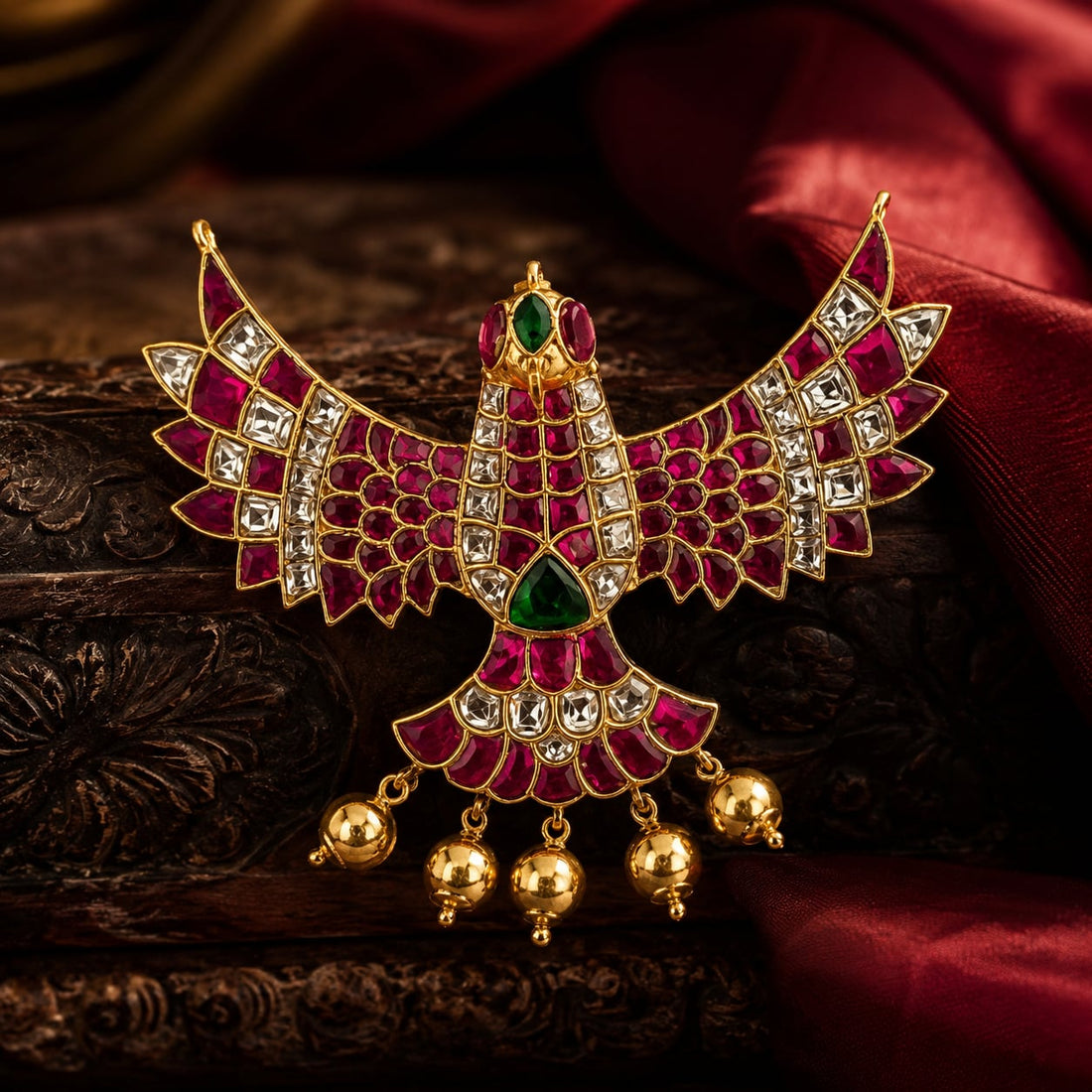 FeelOri jadau kundan pendant styled with saree fabric for Indian occasion wear