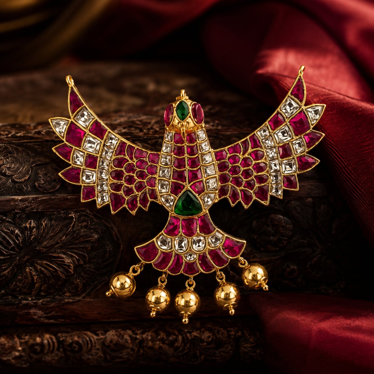 FeelOri jadau kundan pendant styled with saree fabric for Indian occasion wear