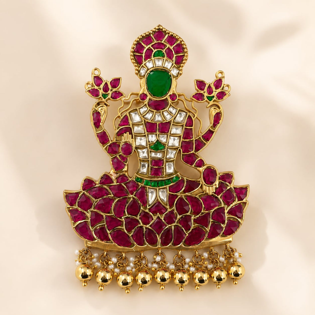 FeelOri jadau kundan Goddess Lakshmi Lotus Temple Pendant - main product view