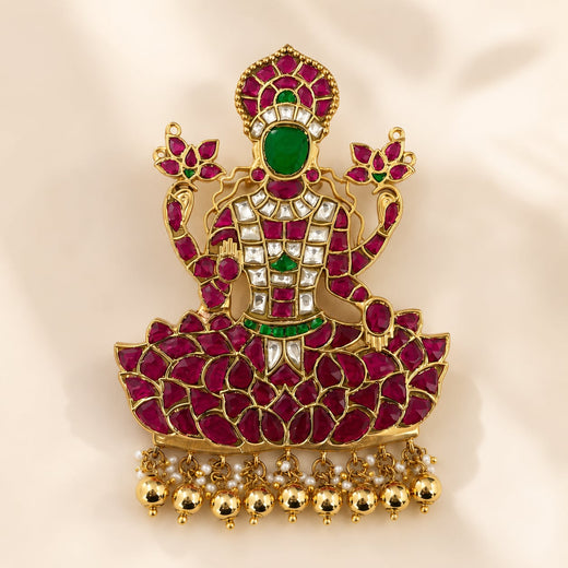 FeelOri jadau kundan Goddess Lakshmi Lotus Temple Pendant - main product view