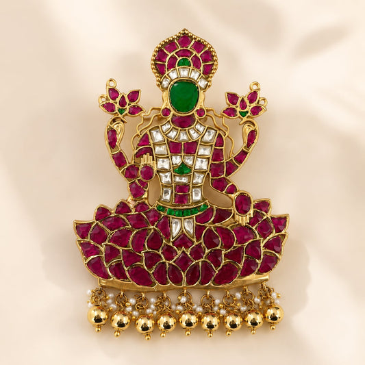 FeelOri jadau kundan Goddess Lakshmi Lotus Temple Pendant - main product view