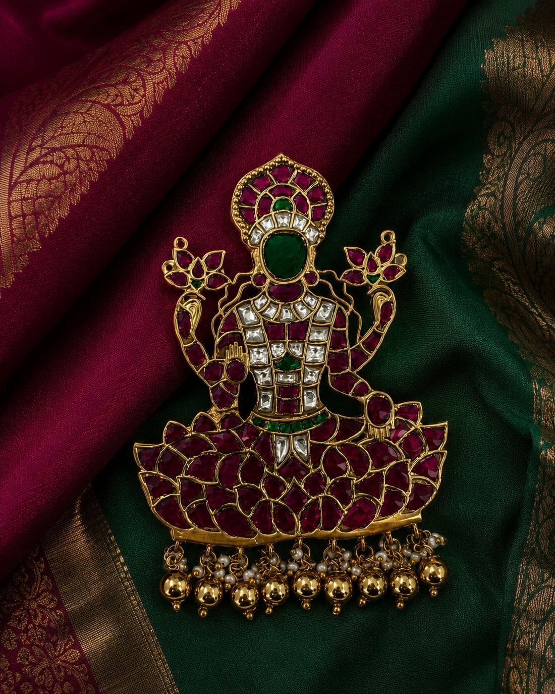FeelOri Goddess Lakshmi Lotus Temple Pendant styled on ruby and emerald saree silk