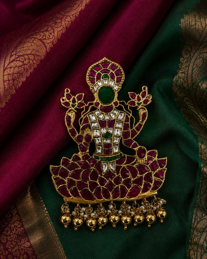 FeelOri Goddess Lakshmi Lotus Temple Pendant styled on ruby and emerald saree silk