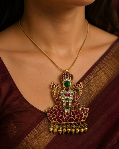 FeelOri Goddess Lakshmi Lotus Temple Pendant shown at wearing scale