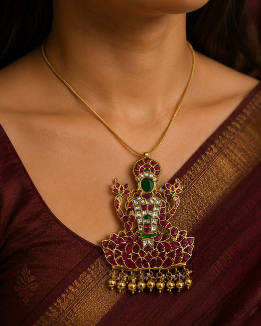 FeelOri Goddess Lakshmi Lotus Temple Pendant shown at wearing scale