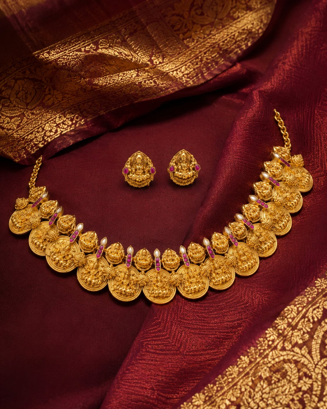 FeelOri gold coin motif jadau kundan necklace set with matching earrings close-up of kundan stones and jadau work