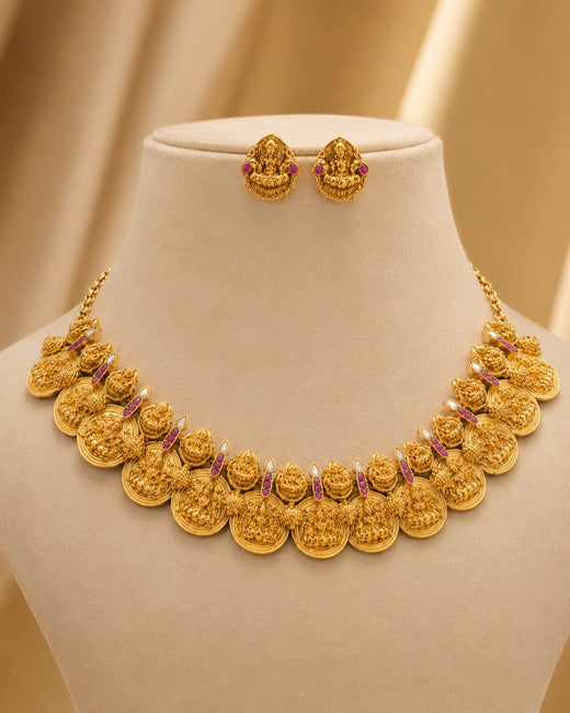 FeelOri gold coin motif jadau kundan necklace set with matching earrings for pattu saree styling
