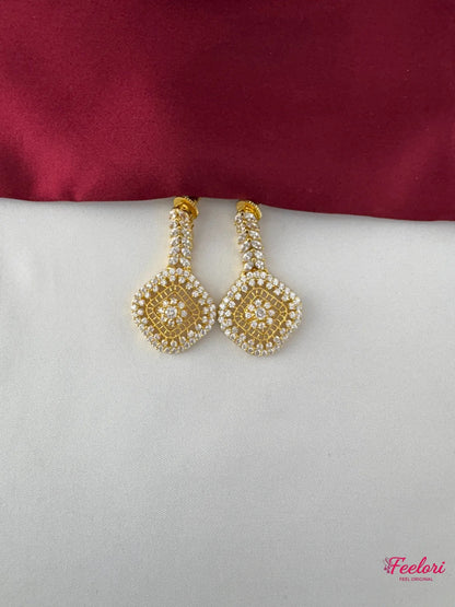 FeelOri gold-plated AD/CZ layered square motif necklace set, matching earrings close-up