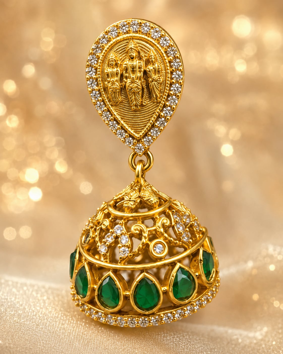 FeelOri gold-plated emerald jhumka earrings stone setting, ear-chain or earring construction, and gold-plated finish detail