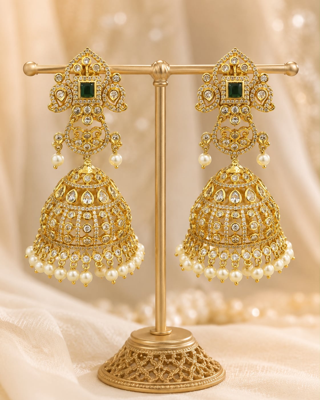 Front view of one matching pair of FeelOri grand gold-plated emerald CZ jhumka earrings with pearl-look fringe