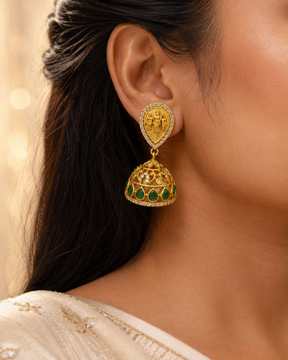 FeelOri gold-plated emerald jhumka earrings styled with Indian occasion wear