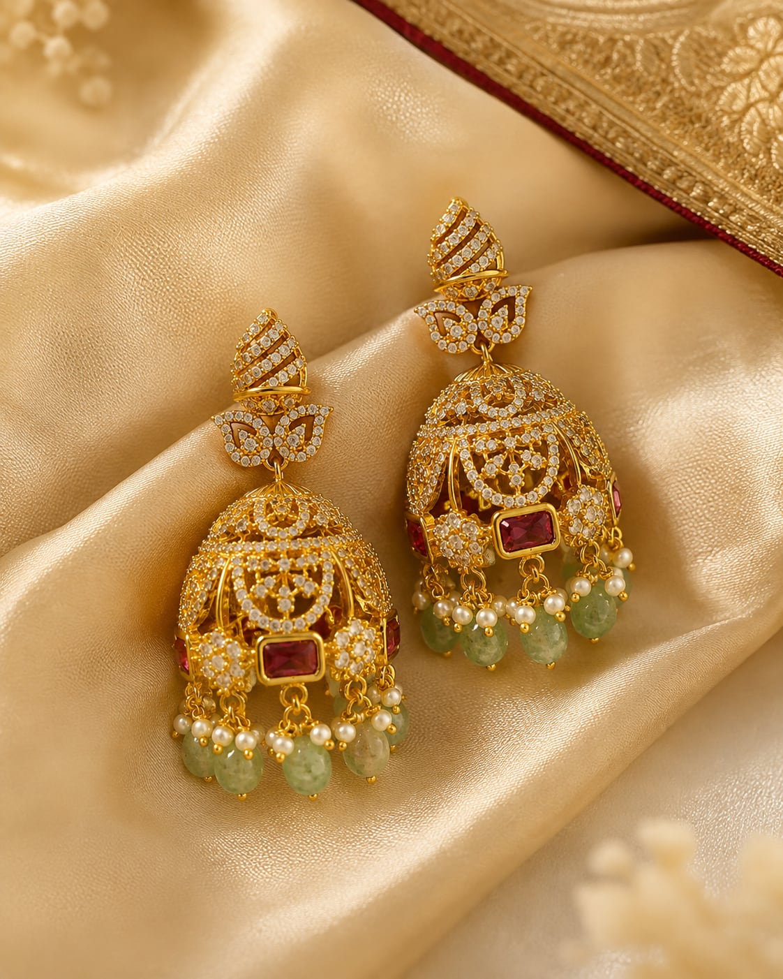 FeelOri gold-plated emerald-drop CZ leaf jhumka earrings styled with saree fabric