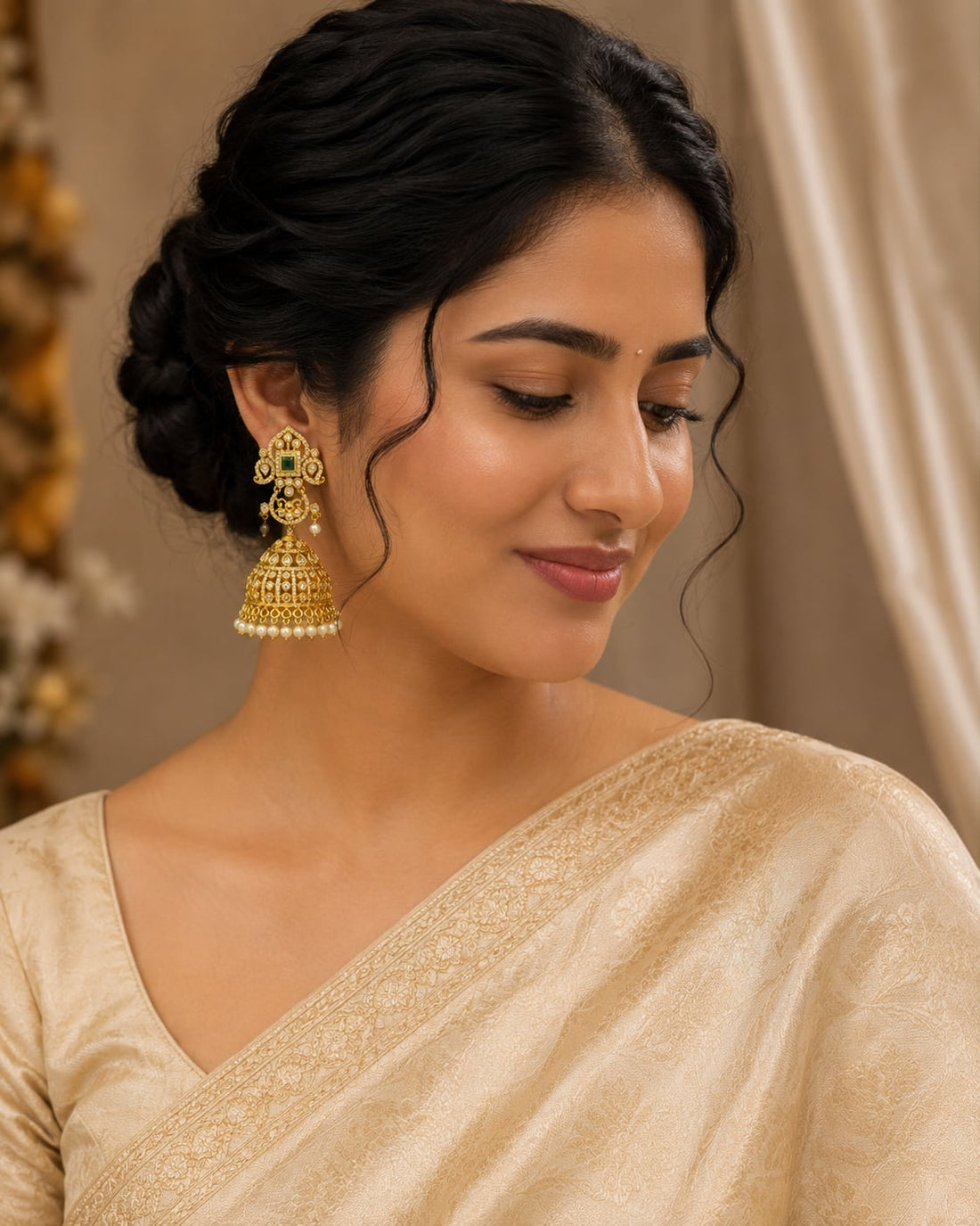 FeelOri grand gold-plated emerald CZ jhumka earrings with pearl-look fringe styled with saree fabric