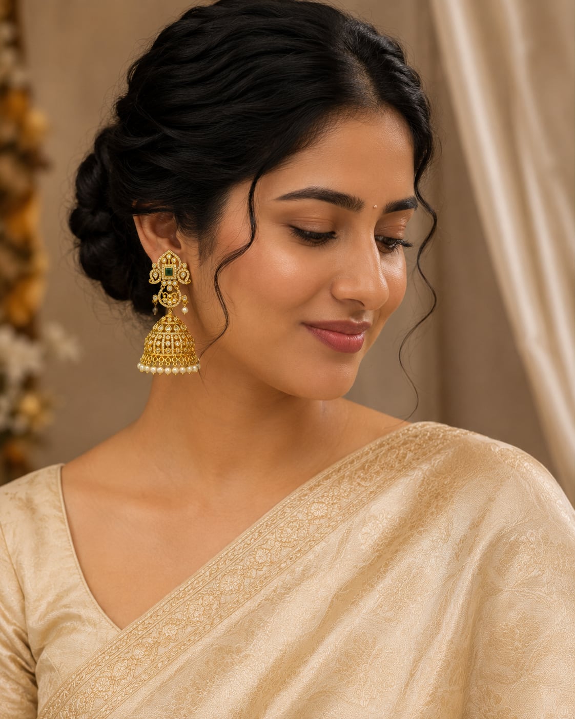 FeelOri grand gold-plated emerald CZ jhumka earrings with pearl-look fringe styled with saree fabric