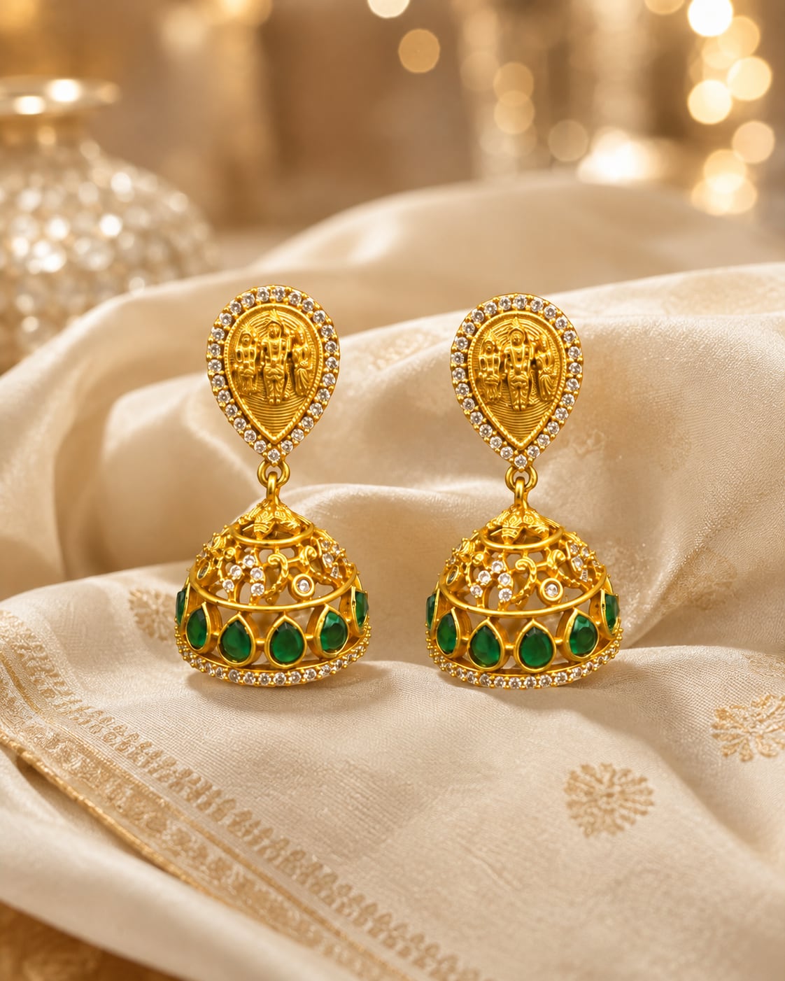 FeelOri gold-plated emerald jhumka earrings styled with saree fabric for Indian occasion wear