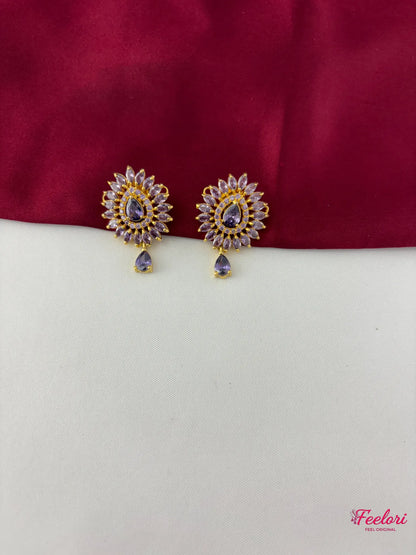 FeelOri Gold Plated Lavender Floral Earrings - Close-up view of the matching earrings, highlighting the detailed lavender stone placement and teardrop accent.
