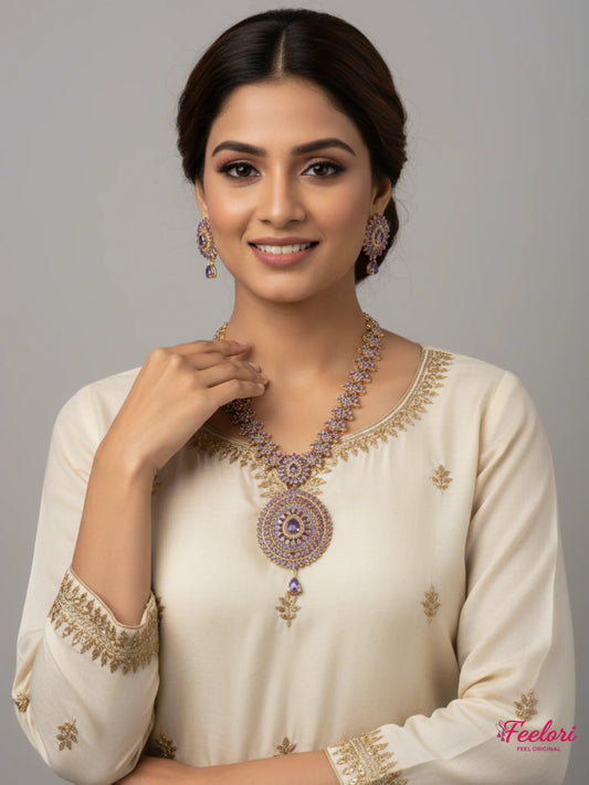 FeelOri Lavender Floral Mandala Necklace Set - Model wearing gold plated set with traditional cream dress