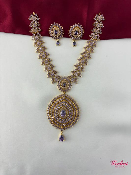 FeelOri Gold Plated Lavender Floral Mandala Necklace Set - Front view showcasing the complete set with intricate floral chain and large central pendant.