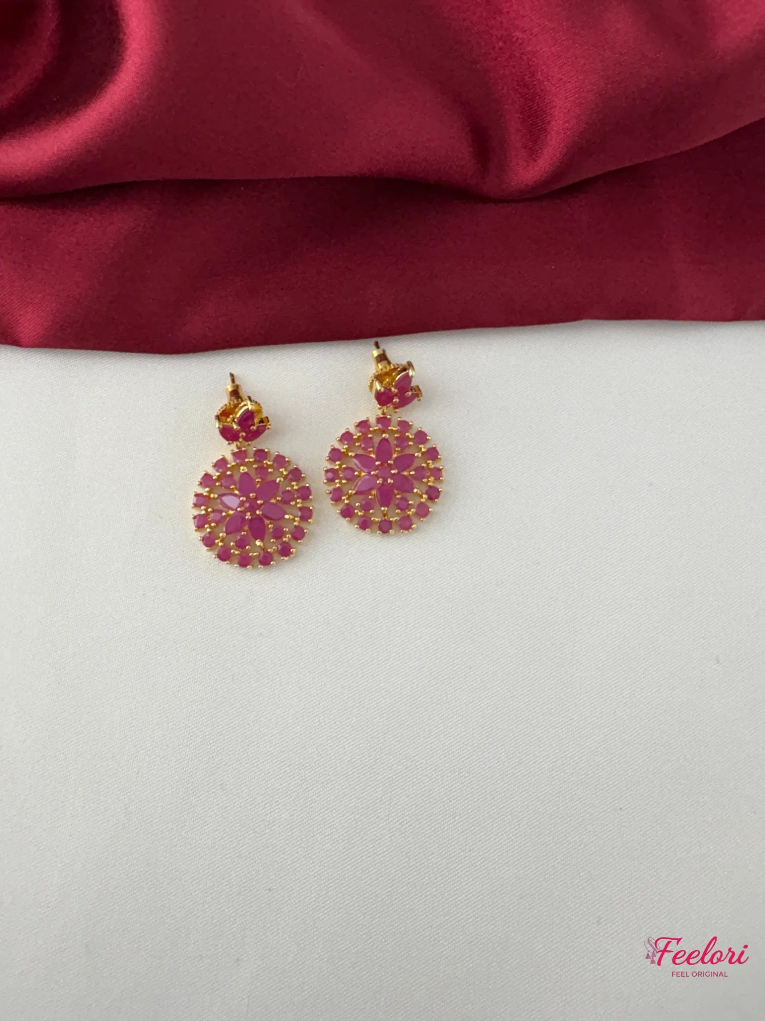FeelOri Gold Plated Ruby-Tone Bar Cascade Necklace Set - Festive Radiance - FeelOri Indian fashion jewellery view 3