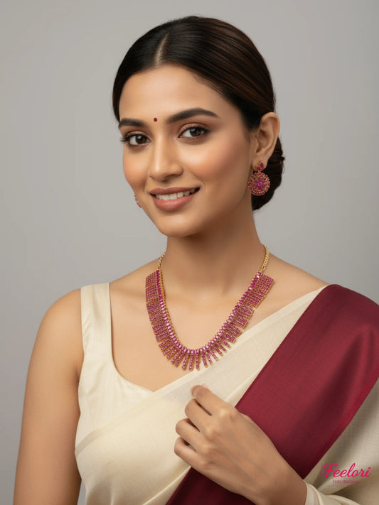 FeelOri Gold Plated Ruby Bar Cascade Necklace Set - Festive Radiance - Gold and Ruby Red - Lifestyle