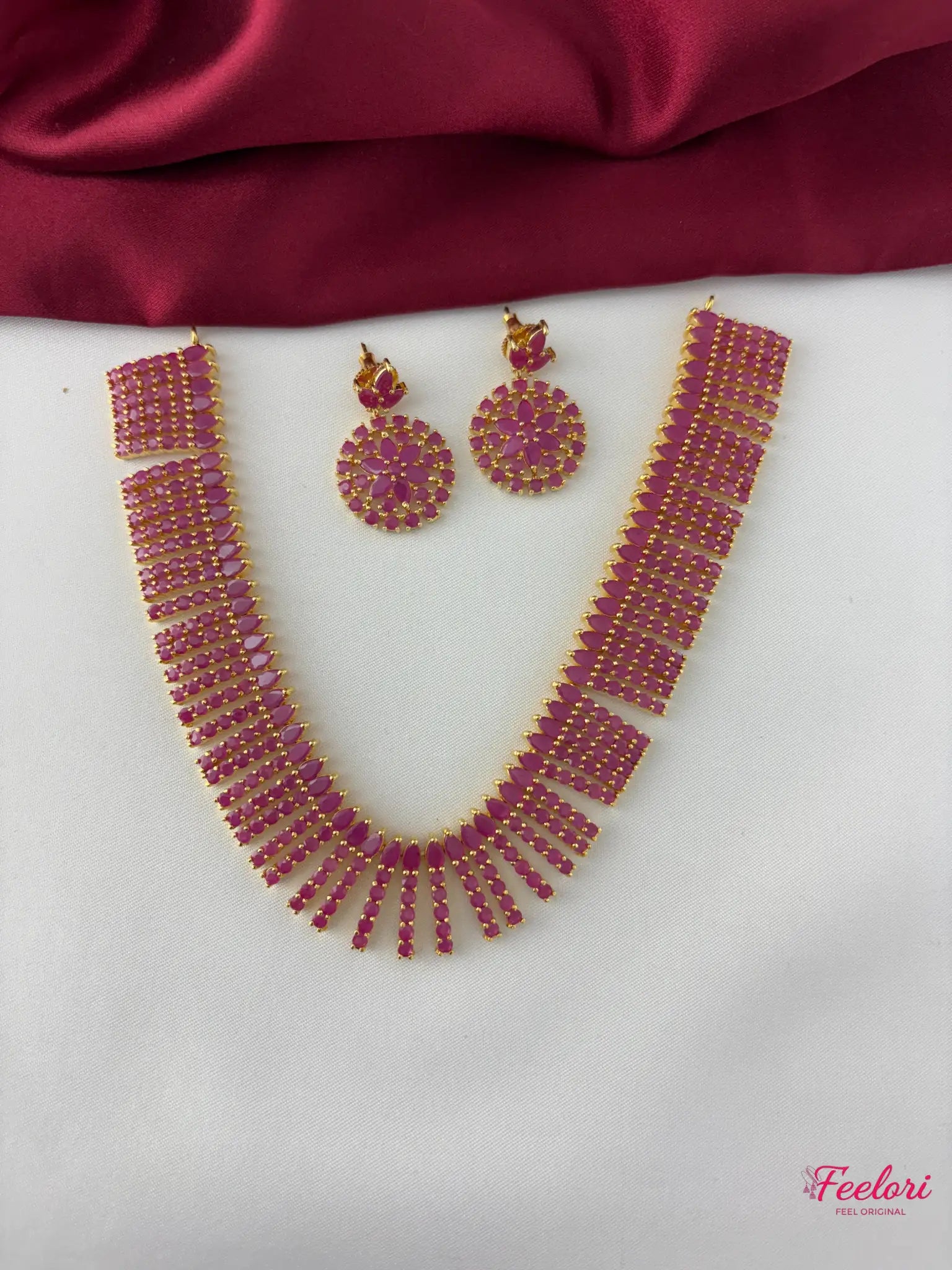 FeelOri Gold Plated Ruby-Tone Bar Cascade Necklace Set - Festive Radiance - FeelOri Indian fashion jewellery view 1