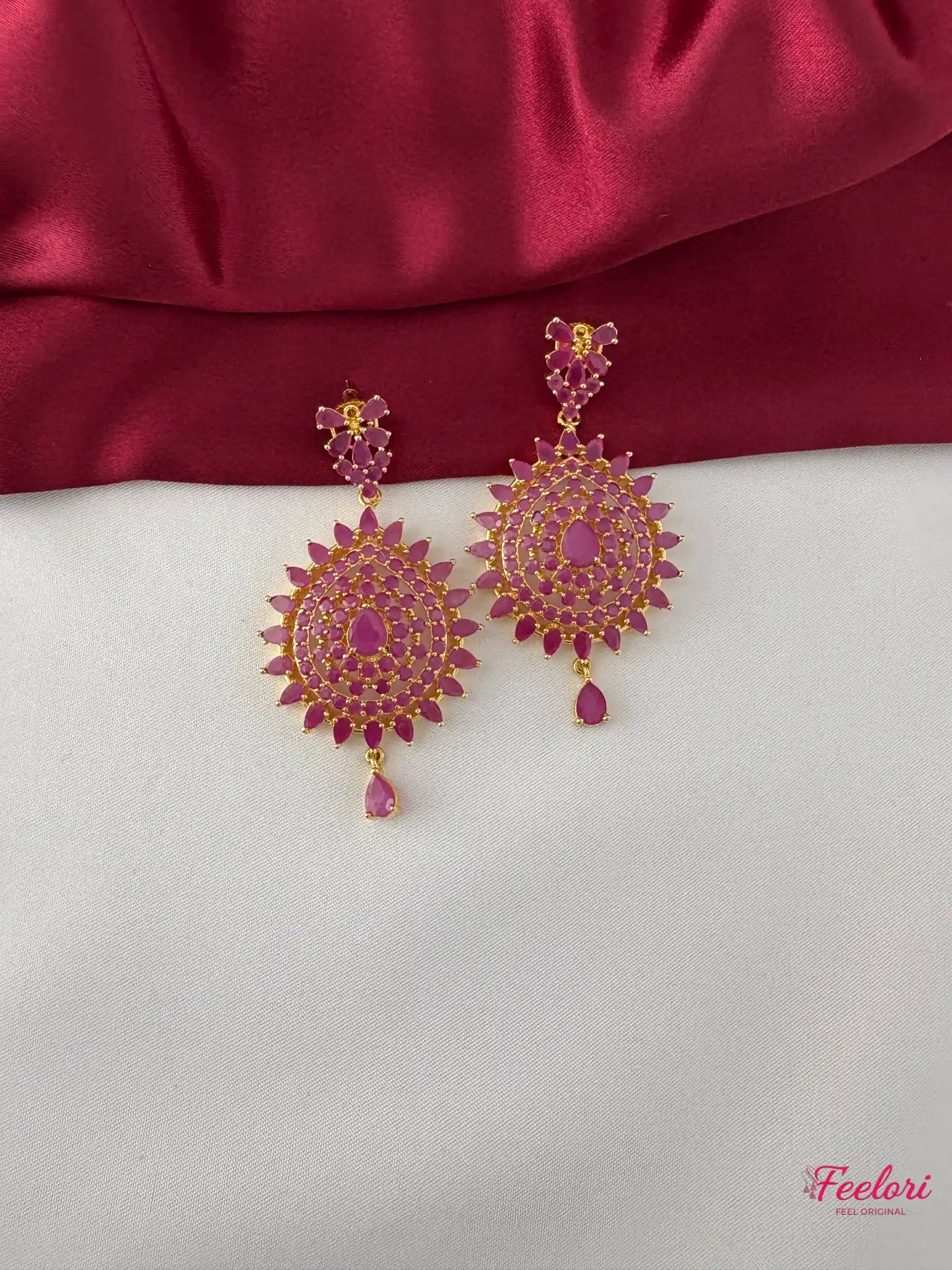 FeelOri Gold Plated Ruby-Tone Chakra Necklace Set - Floral Radiance - FeelOri Indian fashion jewellery view 3