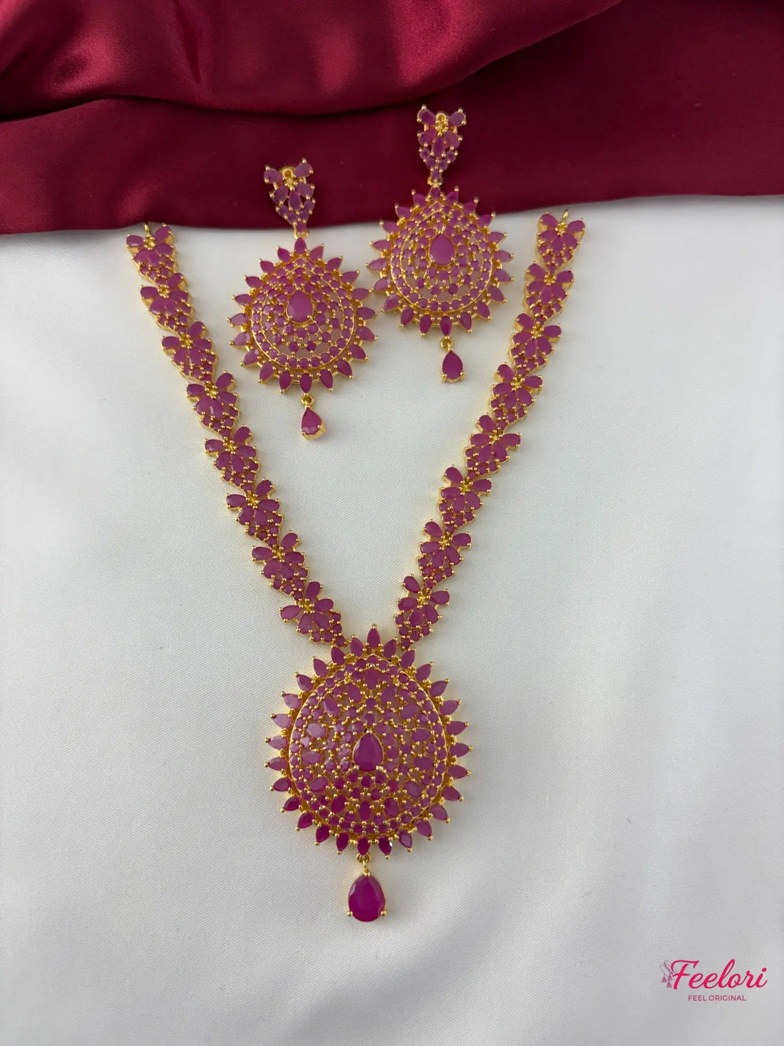 FeelOri Gold Plated Ruby-Tone Chakra Necklace Set - Floral Radiance - FeelOri Indian fashion jewellery view 1