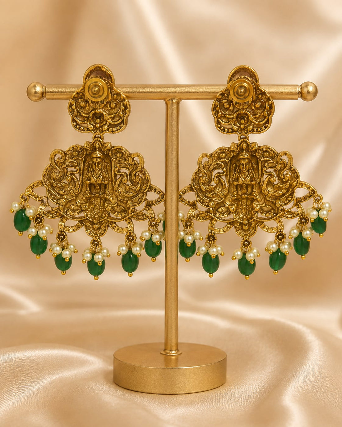 FeelOri gold-plated ruby and emerald earrings rear view showing openwork reverse, straight posts, and push-back closures