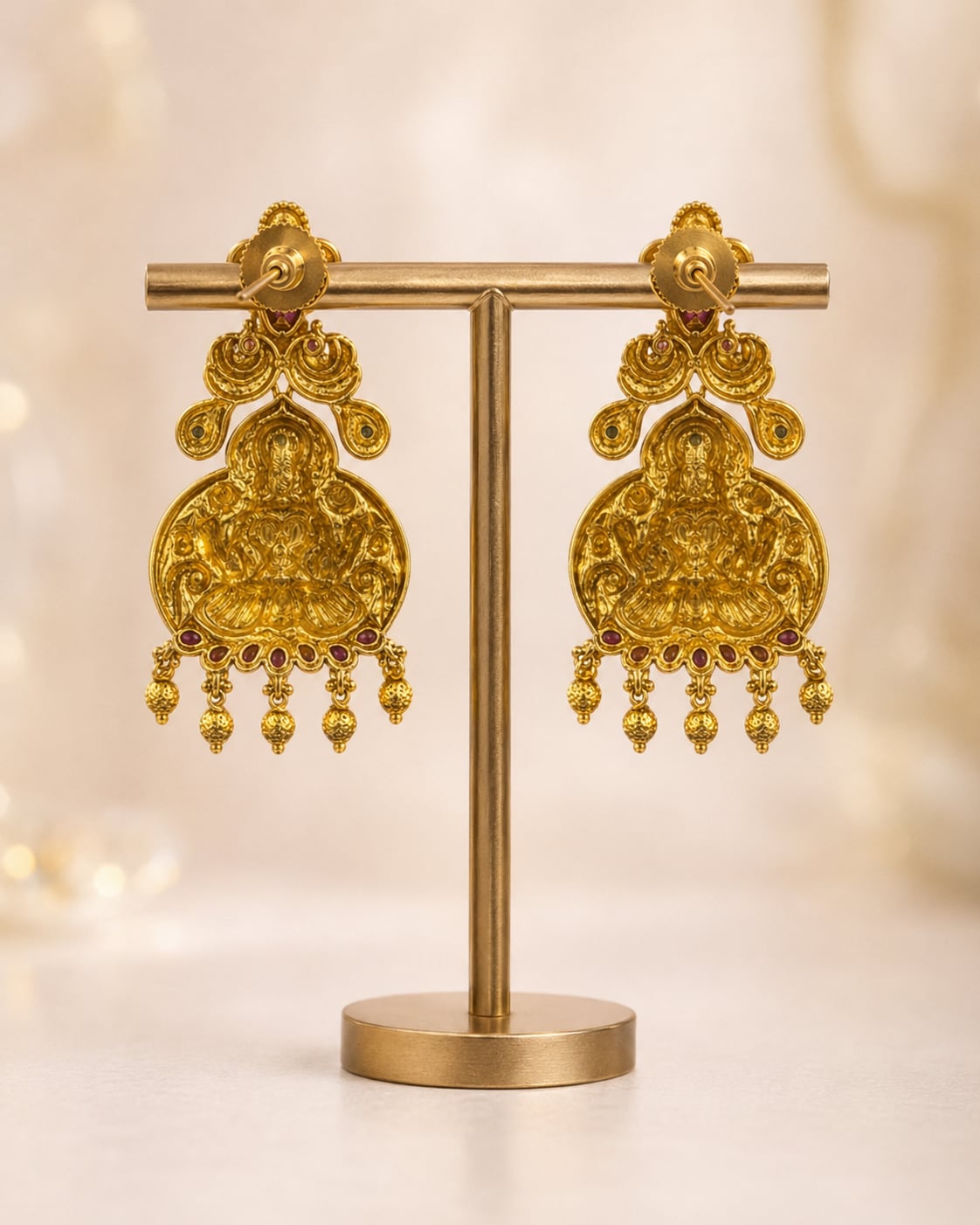 FeelOri gold-plated ruby and emerald earrings rear view showing openwork reverse, straight posts, and push-back closures