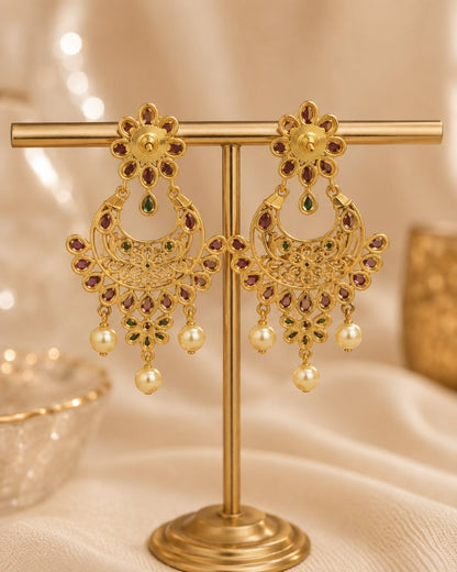 FeelOri gold-plated ruby and emerald earrings rear view showing openwork reverse, straight posts, and push-back closures
