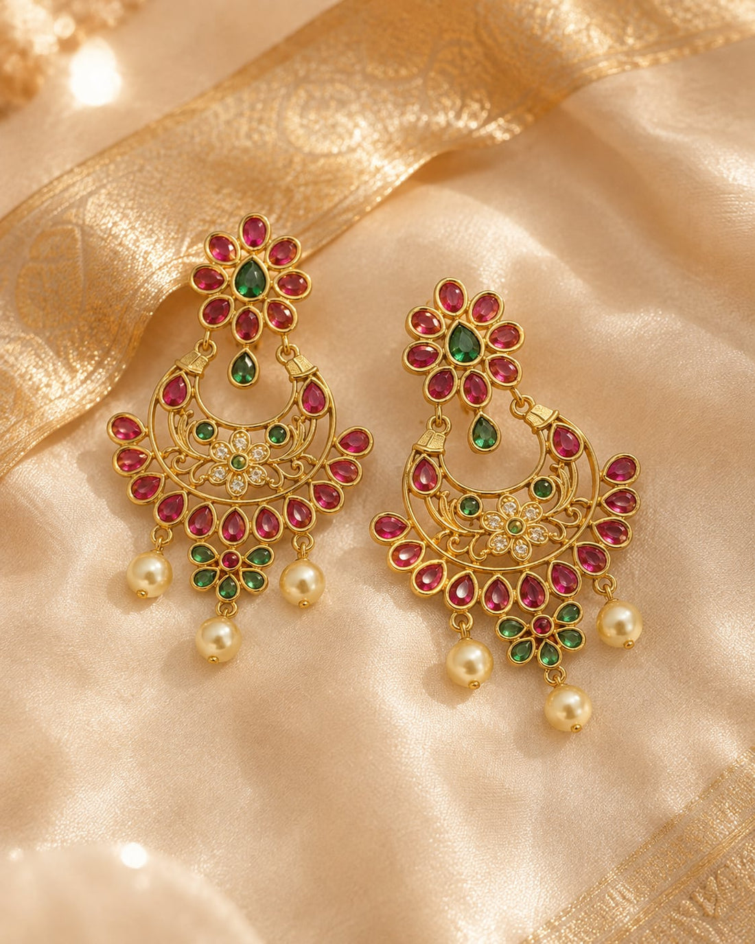 FeelOri gold-plated ruby and emerald earrings stone setting, ear-chain or earring construction, and gold-plated finish detail