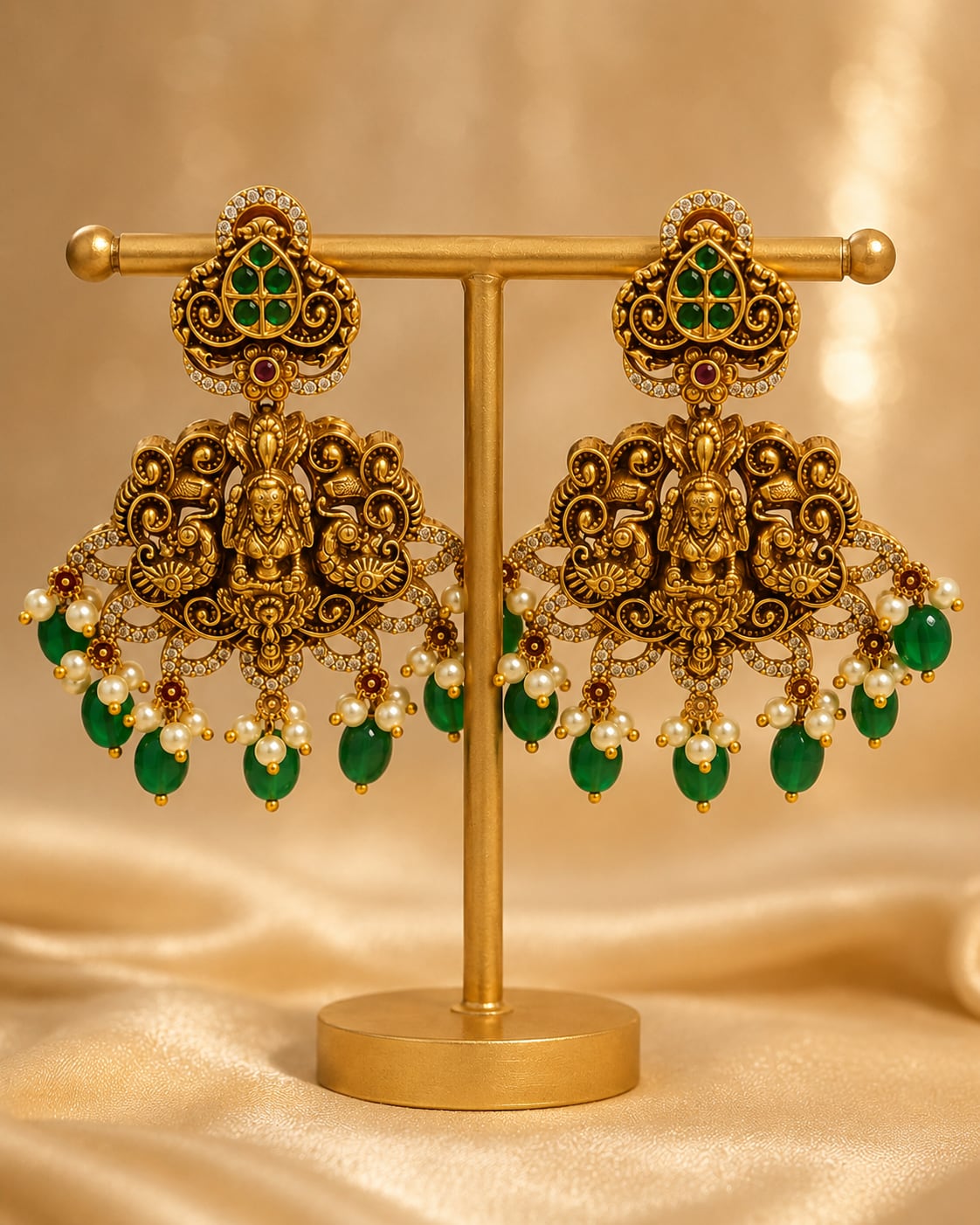 FeelOri gold-plated ruby and emerald earrings on jewellery display