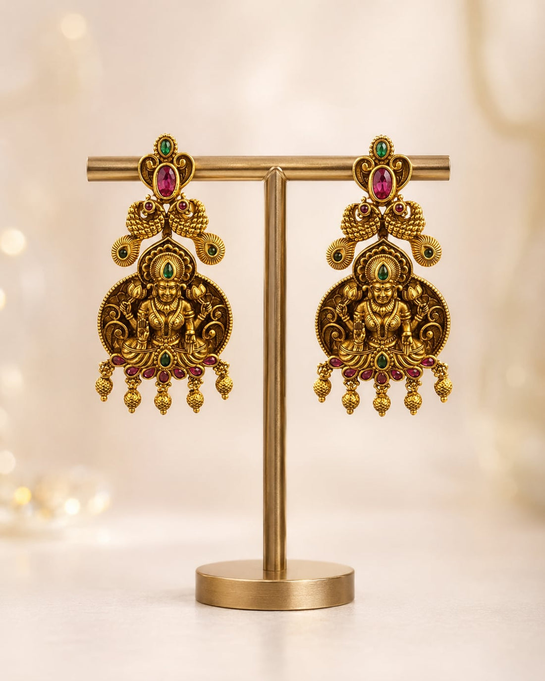 FeelOri gold-plated ruby and emerald earrings on jewellery display